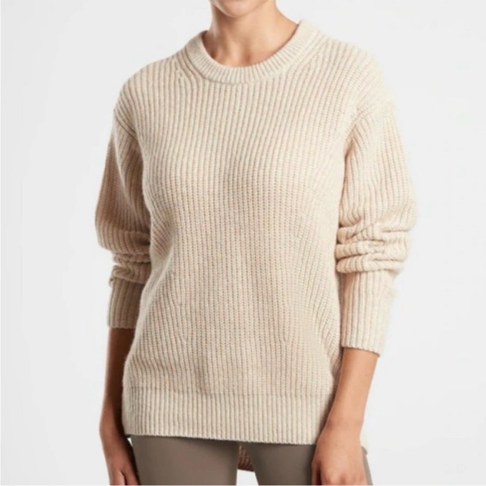 Athleta Cascades Crew Sweater Beige Coconut Fisherman Wool Blend Neutral Medium
